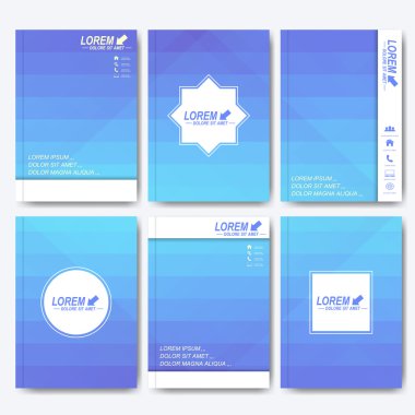 Broşür, el ilanı, kapak dergisi veya A4 boyutunda rapor için mavi vektör şablonları. İş, bilim, tıp ve teknoloji tasarımı. Açık mavi üçgenli arka plan