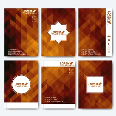 A4 boyutunda broşür, el ilanı, kapak dergisi veya rapor için altın vektör şablonları. İş, bilim, tıp ve teknoloji tasarımı. Altın üçgenli arka plan
