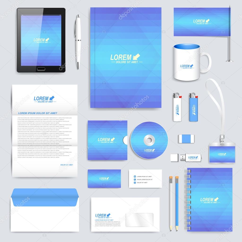 Blue set of vector corporate identity template. Modern business stationery mock-up. Background with light blue  triangles. Branding design