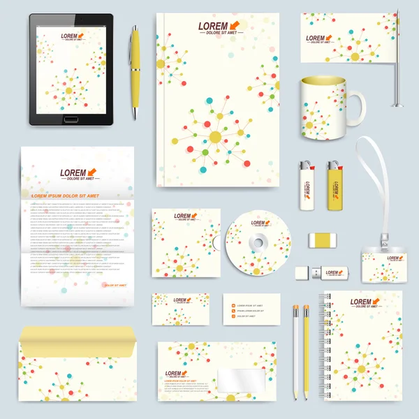 Satz von Vektor-Corporate Identity-Vorlage. moderne Markenpapiermock-up. bunte Molekül und Kommunikationshintergrund. Wirtschaft, Wissenschaft, Medizin oder Technologiedesign — Stockvektor