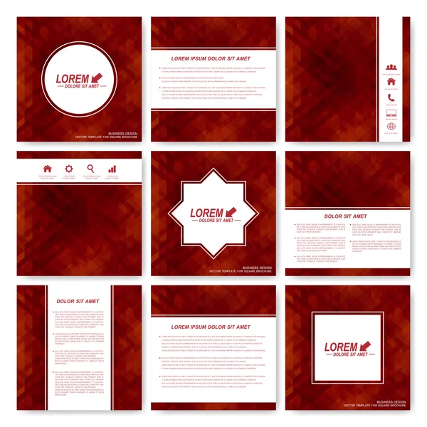 Rode set vector sjablonen voor vierkante brochure, betrekking hebben op indeling, tijdschrift of verslag. Ontwerp van Business, technologie, wetenschap en geneeskunde. Achtergrond met donkere rode driehoeken — Stockvector
