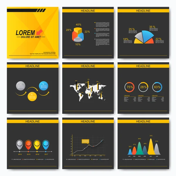 Conjunto de folleto de plantilla cuadrada de presentación de negocios. Diseño de diseño de cubierta. Concepto de infografía. Fondo negro y amarillo — Vector de stock