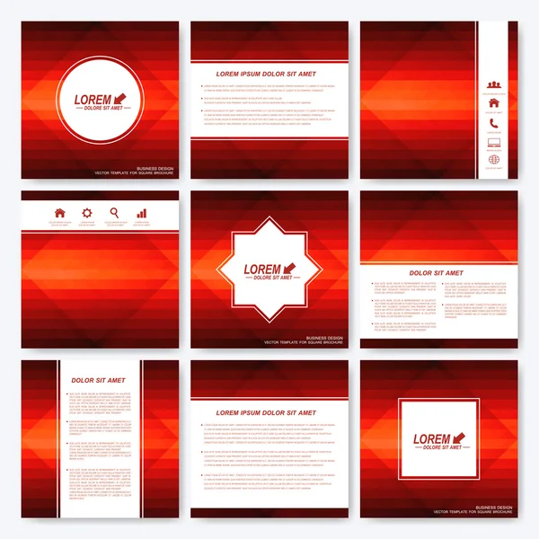 Red set vector templates for square brochure, cover layout, magazine or report.  Business, science, medicine and technology design. Background with dark red triangles — Stock Vector