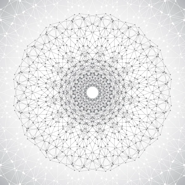 Geometrisch abstracte rooster met aangesloten lijn en stippen. Ronde grijze vorm van het molecuul. Grafische compositie voor uw ontwerp. Vectorillustratie — Stockvector