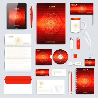 Vektör kurumsal kimlik şablon kırmızı kümesi. Modern marka Kırtasiye mock-up. Arka plan koyu kırmızı üçgenler ile. İş, bilim, tıp ve teknoloji tasarım