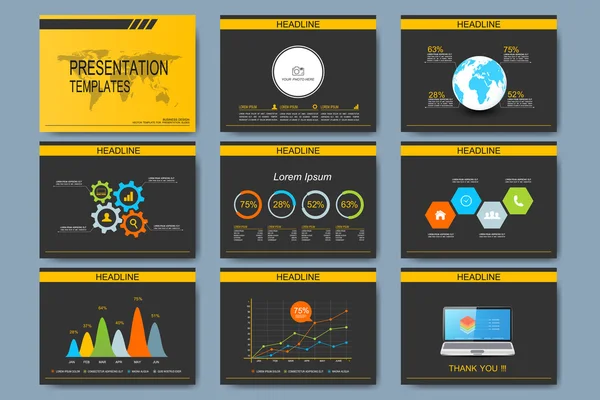 Conjunto negro y amarillo de plantillas vectoriales para diapositivas de presentación polivalentes. Diseño plano de negocios moderno con gráficos o gráfico. Publicidad de marketing de folletos — Vector de stock