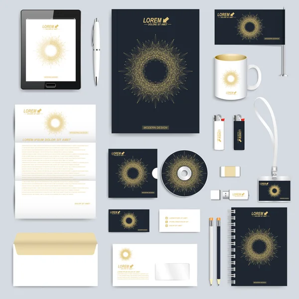 Schwarzer Satz von Vektor Corporate Identity Template. moderne Geschäftsschreibwaren-Attrappe. Branding-Design mit runden goldenen Form verbunden Linien und Punkte. Medizin, Wissenschaft, Technologiekonzept — Stockvektor