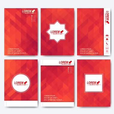 Broşür, el ilanı, kapak dergi ya da A4 boyutunda rapor için modern vektör şablonları. İş, bilim, tıp ve teknoloji tasarım. Arka plan kırmızı üçgen ile
