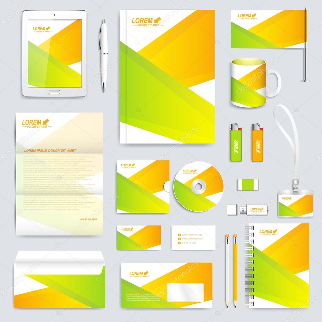 Colorful geometric set of vector corporate identity template. Modern stationery mock-up. Background with green and yellow lines