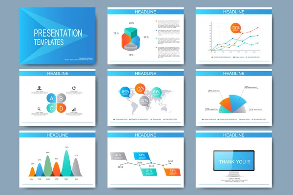 Conjunto azul de plantillas vectoriales para diapositivas de presentación polivalentes. Diseño plano de negocios moderno con gráficos y gráficos. Publicidad de marketing de folletos — Vector de stock