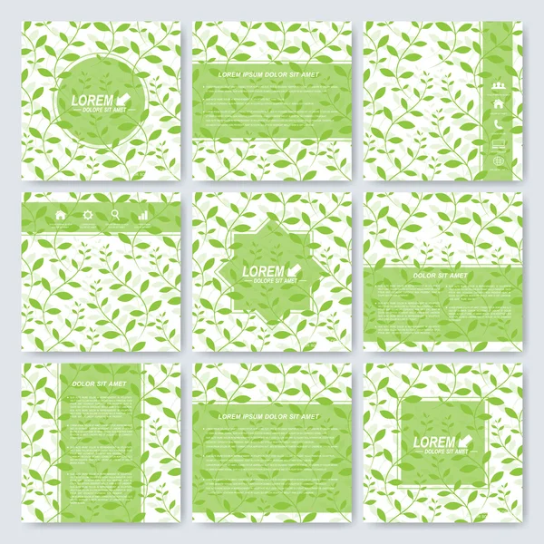 Ensemble de fleurs de modèle carré brochure, couverture, mise en page. Fond aux contours floraux verts. Illustration vectorielle — Image vectorielle