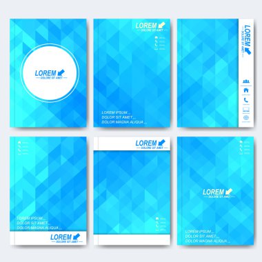 Broşür, el ilanı, kapak dergi ya da A4 boyutunda rapor için modern vektör şablonları. İş, bilim, tıp ve teknoloji tasarım. Arka plan mavi üçgen ile