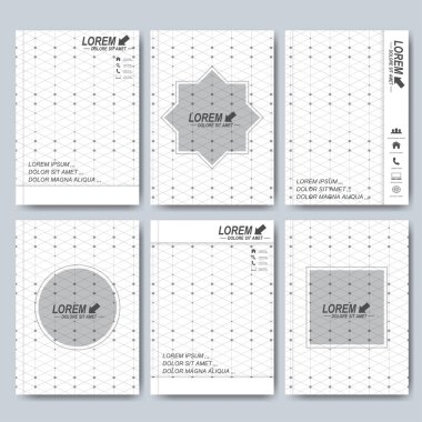 A4 boyutunda broşür, el ilanı, kapak dergisi veya rapor için modern vektör şablonları. İş, bilim, tıp ve teknoloji tasarımı. Noktalı bağlı çizgiler