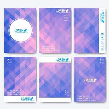 Broşür, el ilanı, kapak dergi ya da A4 boyutunda rapor için modern vektör şablonları. İş, bilim, tıp ve teknoloji tasarım. Mor üçgenler ile arka plan
