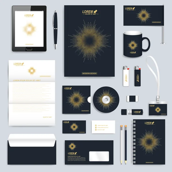 Schwarzer Satz von Vektor Corporate Identity Template. moderne Geschäftsschreibwaren-Attrappe. Branding-Design mit runden goldenen Form verbunden Linien und Punkte. Medizin, Wissenschaft, Technologiekonzept — Stockvektor