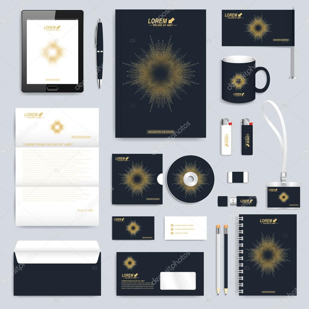 Black set of vector corporate identity template. Modern business stationery mock-up. Branding design with round golden form connected lines and dots . Medicine, science, technology concept