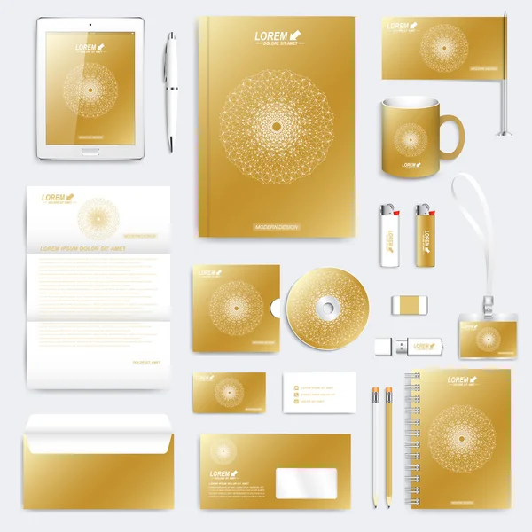 Gold Set von Vektor Corporate Identity Template. moderne Geschäftsschreibwaren-Attrappe. Branding-Design mit runden goldenen Form verbunden Linien und Punkte. Medizin, Wissenschaft, Technologiekonzept — Stockvektor