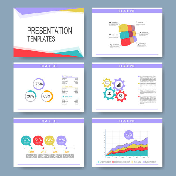 Set of vector templates for multipurpose presentation slides. Modern business design with graph and charts. Leaflet marketing advertising