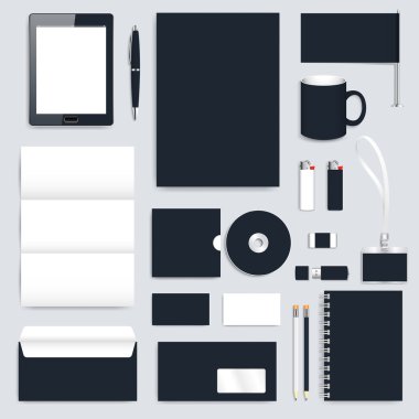 Black blank set of vector corporate identity template. Modern business design  presentation brochure, leaflet, envelope, card, badge, cup, tablet pc, pen, pencil. Stationery clean mock-up