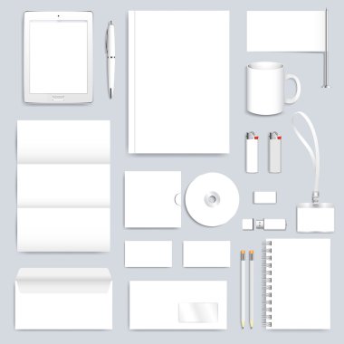 White blank set of vector corporate identity template. Modern business design  presentation brochure, leaflet, envelope, card, badge, cup, tablet pc, pen, pencil. Stationery clean mock-up