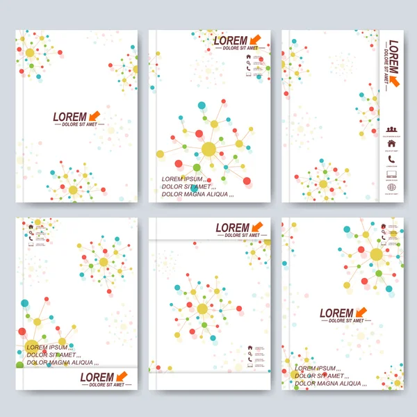 Modern vector templates for brochure, flyer, cover, magazine or report in A4 size. Science, medicine, technology design. Colorful molecule and communication background — Stockvector