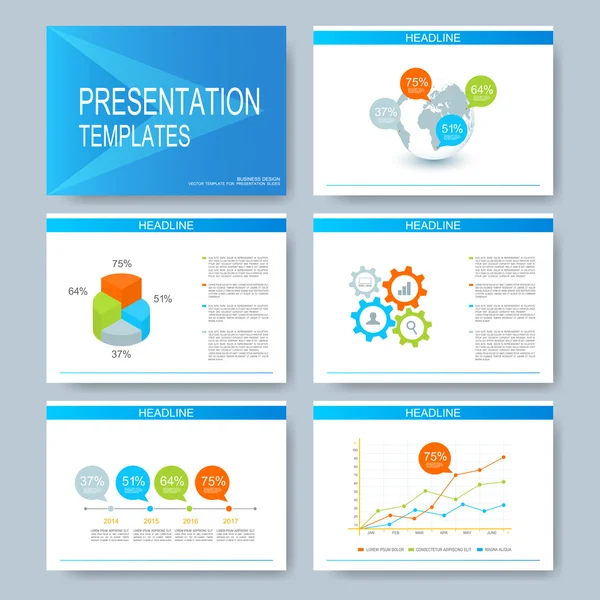 Conjunto azul de plantillas vectoriales para diapositivas de presentación polivalentes. Diseño empresarial moderno con gráficos y gráficos. Folleto publicitario de comercialización plana, folleto, folleto — Archivo Imágenes Vectoriales