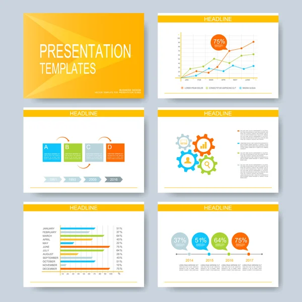 Желтый набор векторных шаблонов для многоцелевых слайдов презентаций. Современный бизнес-дизайн с графиками и графиками. Плоская рекламная брошюра, листовка, листовка — стоковый вектор