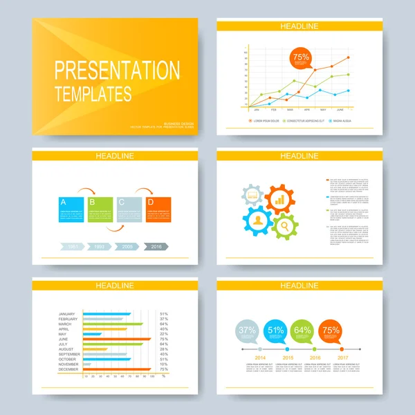 Yellow set of vector templates for multipurpose presentation slides. Modern business design with graph and charts. Flat advertising brochure, flyer, leaflet