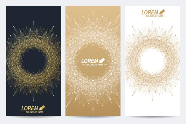 Modern set of vector flyers. Molecule and communication background. Geometric abstract round  golden forms. Connected line with dots. Graphic composition for medicine, science, technology, chemistry — Stock Vector