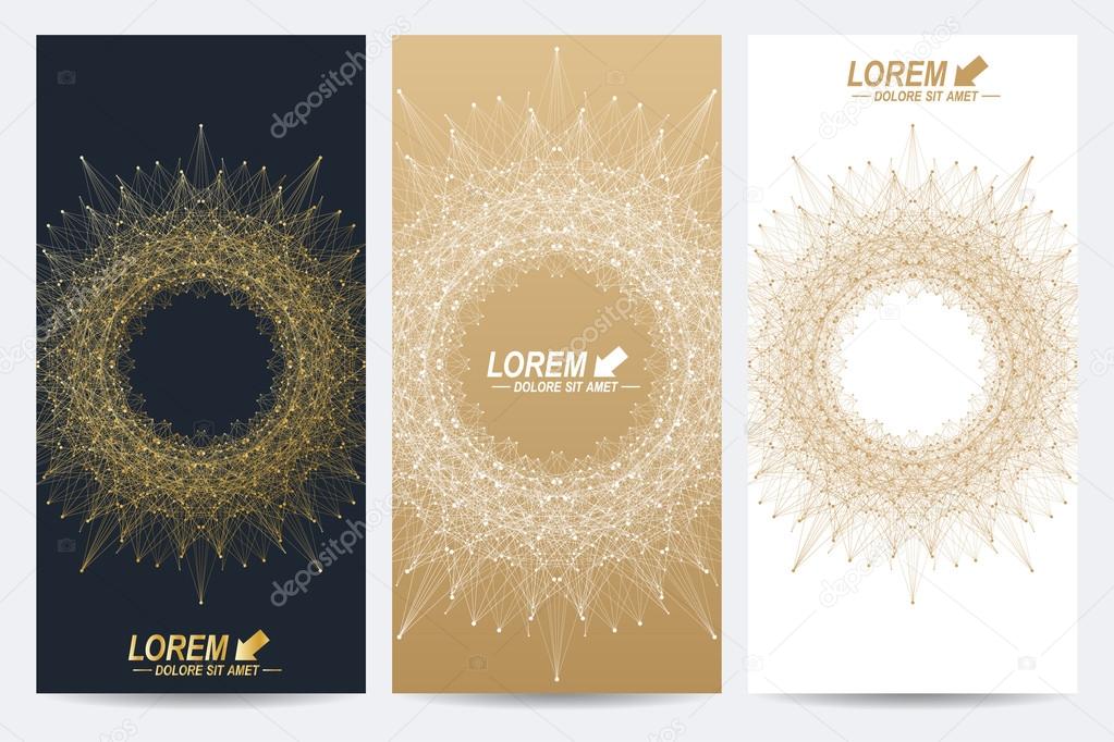 Modern set of vector flyers. Molecule and communication background. Geometric abstract round  golden forms. Connected line with dots. Graphic composition for medicine, science, technology, chemistry