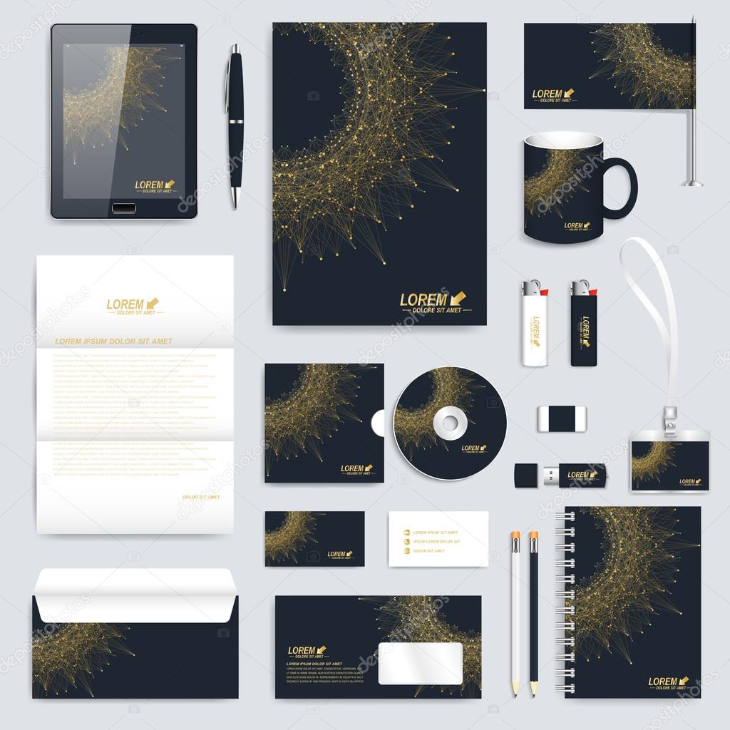 Black set of vector corporate identity template. Modern business stationery mock-up. Medical branding design molecule. Round golden Logo. Molecule background. Medicine, science, technology design