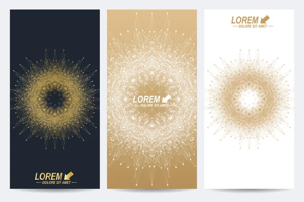 Modern set of vector flyers. Molecule and communication background. Geometric abstract round golden forms. Connected line with dots. Graphic composition for medicine, science, technology, chemistry — Stock Vector