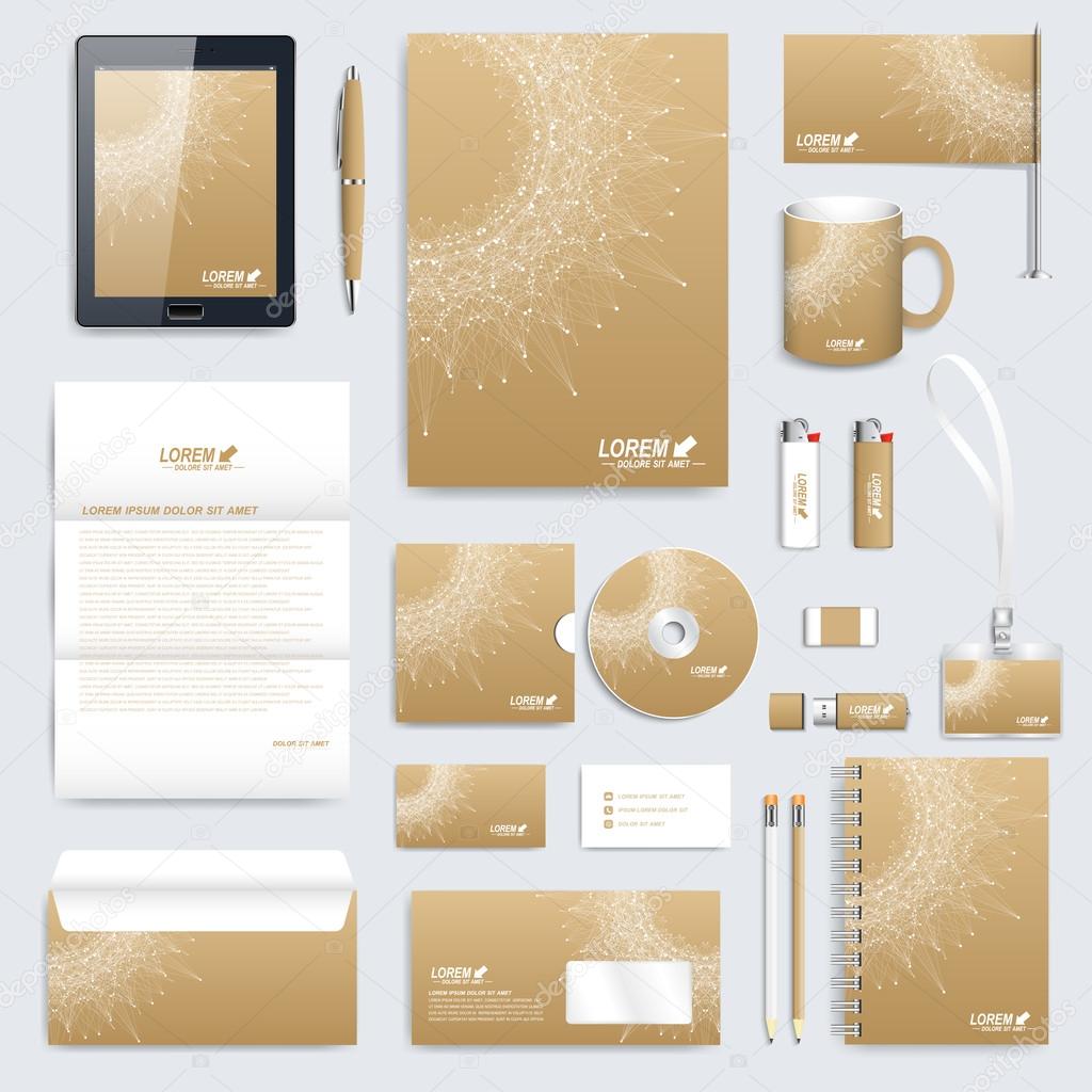 Golden set of vector corporate identity template. Modern business stationery mock-up. Medical branding design. Molecule background. Medicine, science, technology design
