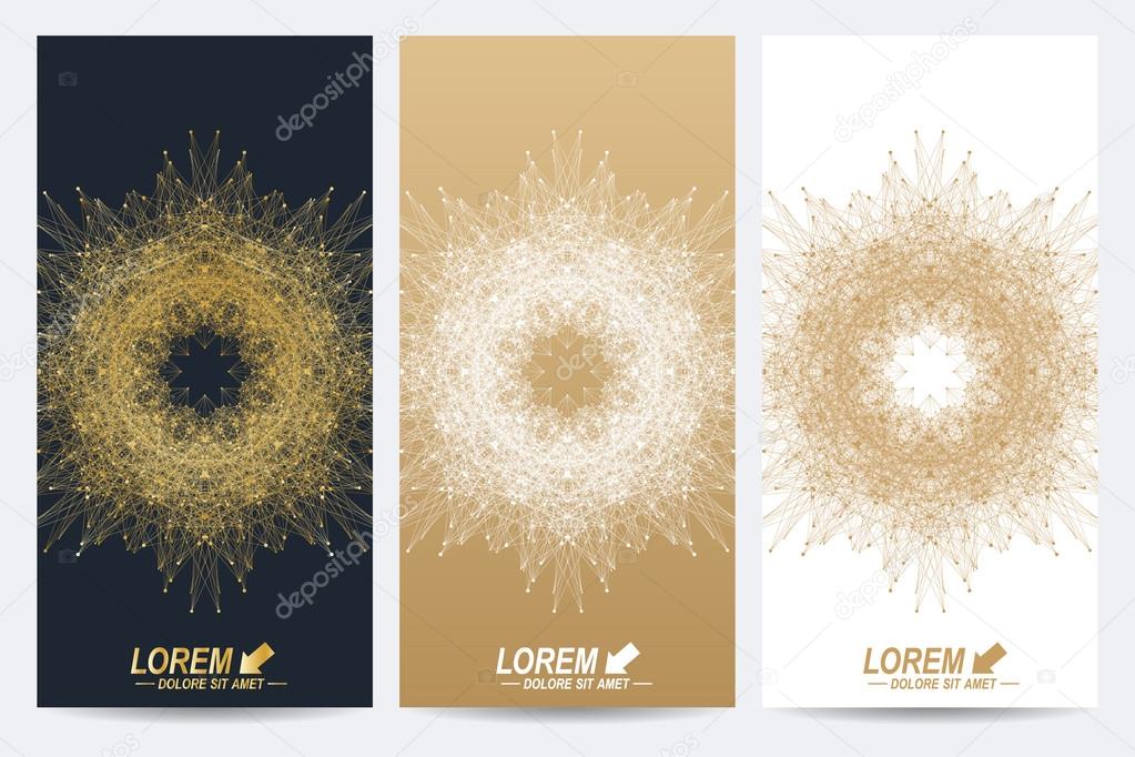 Modern set of vector flyer, brochure, banners. Mandala with connected line and dots. Abstract background sacred geometry forms, sign, symbol