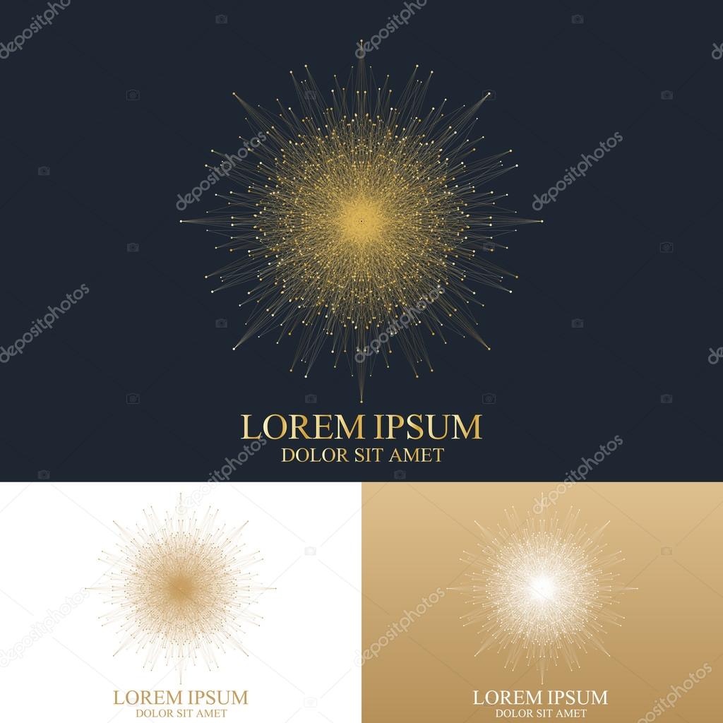 Geometric abstract round Logo. Golden mandala with connected line and dots. Graphic composition for medicine, science, technology, chemistry. Molecule Logo. Vector Logo Template.