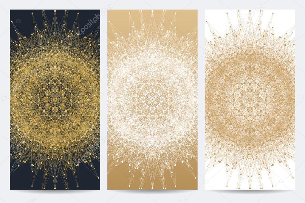 Modern set of vector flyer, brochure, banners. Mandala with connected line and dots. Abstract background sacred geometry forms, sign, symbol