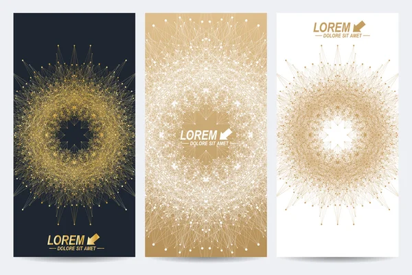 Modern set of vector flyers. Molecule and communication background. Geometric abstract round golden forms. Connected line with dots. Graphic composition for medicine, science, technology, chemistry. — Stock Vector