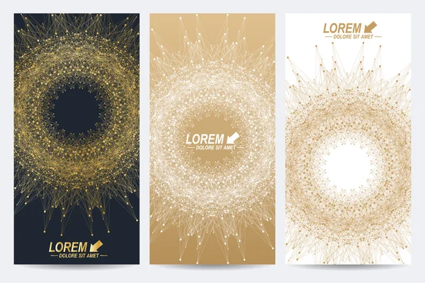 Modern set of vector flyers. Molecule and communication background. Geometric abstract round golden forms. Connected line with dots. Graphic composition for medicine, science, technology, chemistry. — Stock Vector