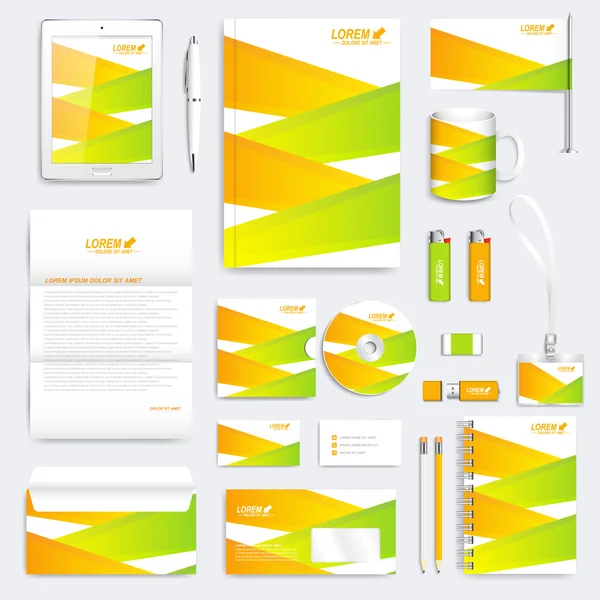 Seperangkat geometris warna dari templat identitas perusahaan vektor. Alat tulis modern alat tulis bisnis. Desain merek dengan garis hijau dan kuning . - Stok Vektor