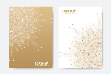 Broşür, broşür, broşür, broşür, kapak, dergi veya yıllık rapor için modern vektör şablonu. A4 beden. İş, bilim, tıp ve teknoloji tasarım kitabı düzeni. Altın mandala ile soyut sunum