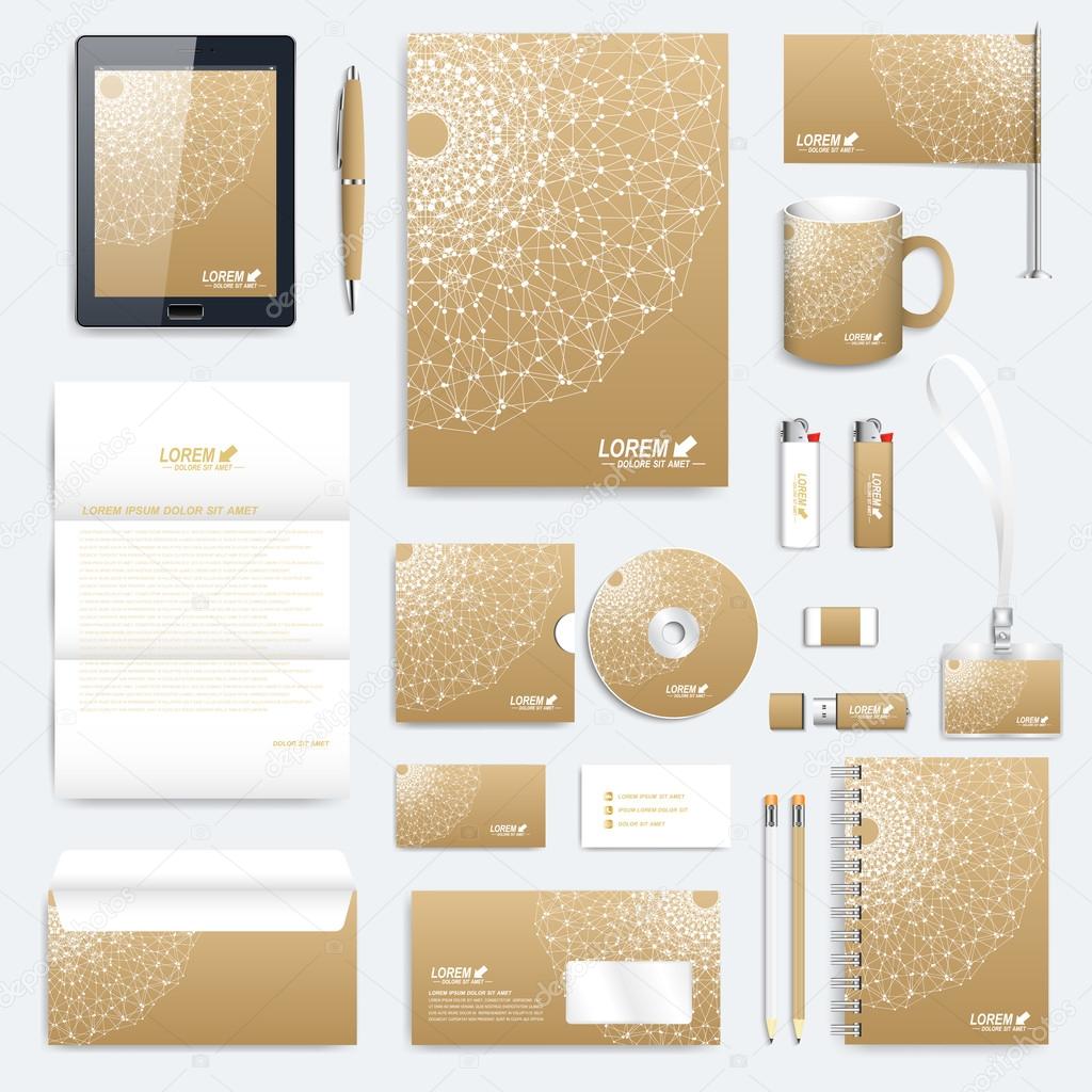 Golden set of vector corporate identity template. Modern business stationery mock-up. Medical branding design. Golden linear sign, symbol, logo. Golden corporate stationery
