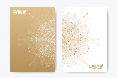 Broşür, broşür, broşür, broşür, kapak, dergi veya yıllık rapor A4 boyutu için modern vektör şablonu. İş, bilim, tıp ve teknoloji tasarım kitabı düzeni. Altın mandala ile soyut sunum.