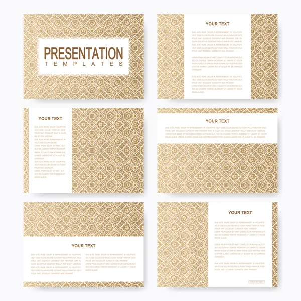 Golden set of vector templates for multipurpose presentation slides. Brochure, Leaflet, flyer, cover, magazine or annual report. Abstract presentation with islamic style. Gold background. — Stock Vector