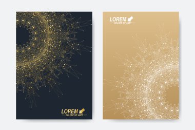 Broşür, broşür, broşür, broşür, kapak, dergi veya yıllık rapor için modern vektör şablonu. A4 beden. İş, bilim, tıp ve teknoloji tasarım kitabı düzeni. Altın mandala ile soyut sunum