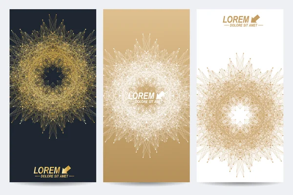 Modern set of vector flyers. Geometric abstract presentation with golden mandala. Molecule and communication background for medicine, science, technology, chemistry. — Stock Vector