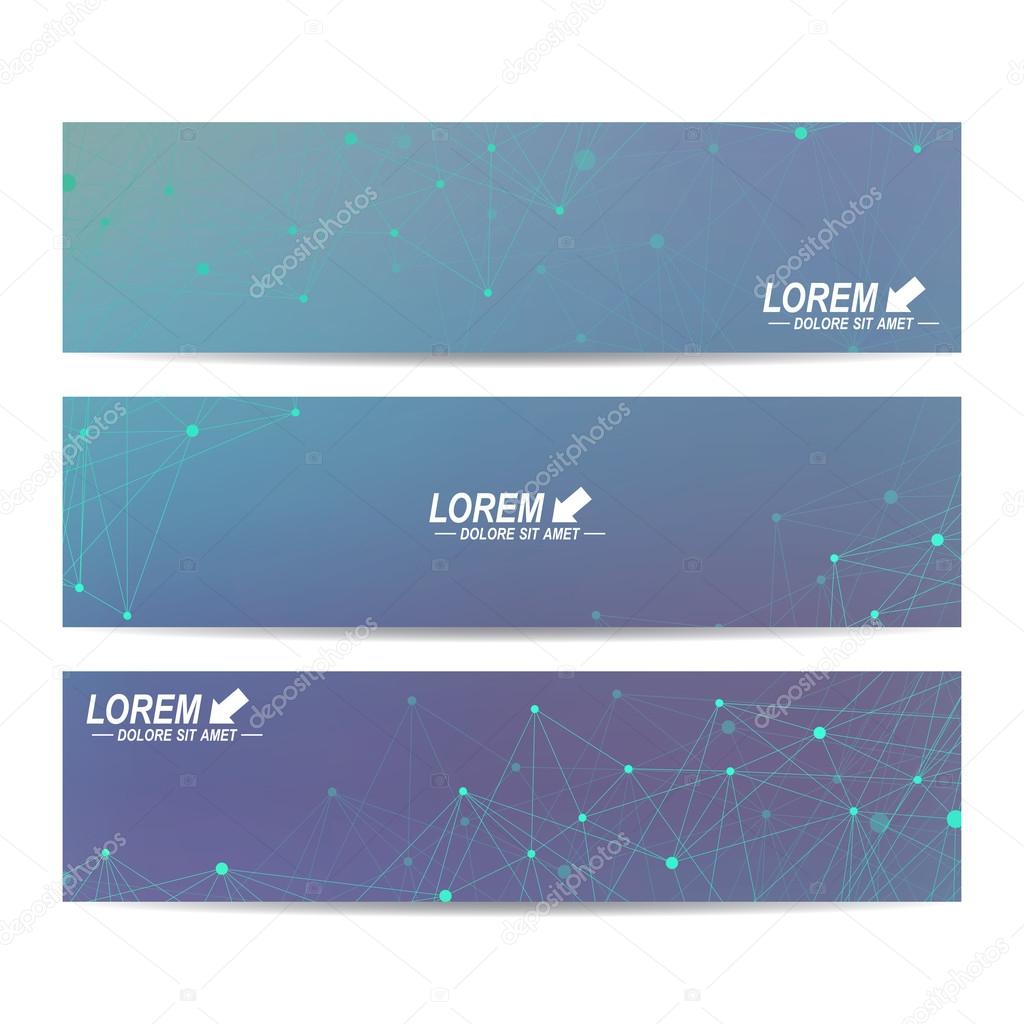 Geometric abstract banners. Molecule and communication background for website templates. Backdrop with connected line whit dots. Vector illustration.