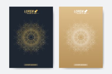 Broşür, broşür, broşür, broşür, kapak, dergi veya yıllık rapor için modern vektör şablonu. A4 beden. İş, bilim, tıp ve teknoloji tasarım kitabı düzeni. Altın mandala ile soyut sunum