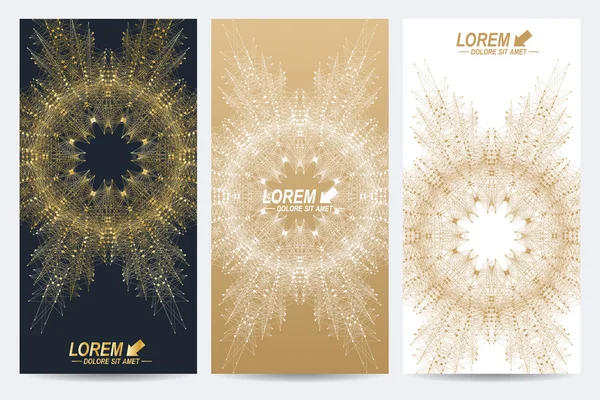 Modern set of vector flyers. Geometric abstract presentation with golden mandala. Molecule and communication background for medicine, science, technology, chemistry. — Stock Vector