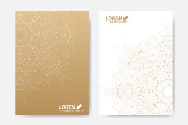 Broşür, broşür, broşür, broşür, kapak, dergi veya yıllık rapor için modern vektör şablonu. A4 beden. İş, bilim, tıp ve teknoloji tasarım kitabı düzeni. Altın mandala ile soyut sunum