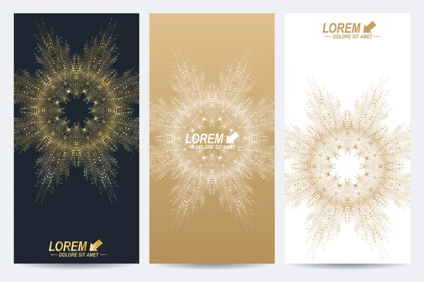 Modern set of vector flyers. Geometric abstract presentation with golden mandala. Molecule and communication background for medicine, science, technology, chemistry. — Stock Vector